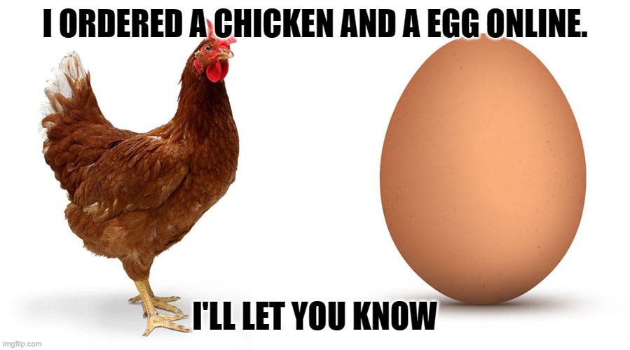 Daily Bad Dad Joke January 12, 2024 | I ORDERED A CHICKEN AND A EGG ONLINE. I'LL LET YOU KNOW | image tagged in chicken and egg | made w/ Imgflip meme maker