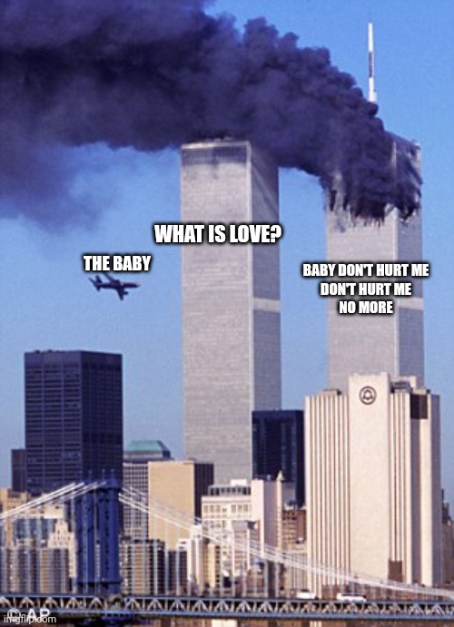 shitpost | WHAT IS LOVE? THE BABY; BABY DON'T HURT ME
DON'T HURT ME
NO MORE | image tagged in twin tower style | made w/ Imgflip meme maker