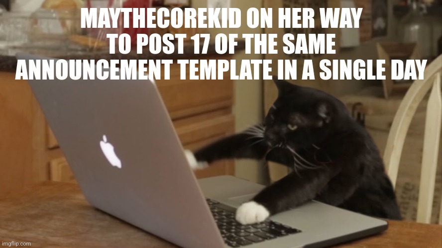 Furiously Typing Cat | MAYTHECOREKID ON HER WAY TO POST 17 OF THE SAME ANNOUNCEMENT TEMPLATE IN A SINGLE DAY | image tagged in furiously typing cat | made w/ Imgflip meme maker