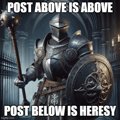 super baddass knight with a flail and sheild | POST ABOVE IS ABOVE; POST BELOW IS HERESY | image tagged in super baddass knight with a flail and sheild | made w/ Imgflip meme maker