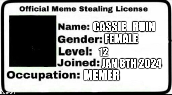 Meme Stealing License | CASSIE_RUIN FEMALE 12 JAN 8TH 2024 MEMER | image tagged in meme stealing license | made w/ Imgflip meme maker