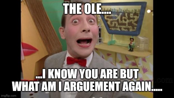 Pee Wee | THE OLE.... ...I KNOW YOU ARE BUT WHAT AM I ARGUEMENT AGAIN..... | image tagged in pee wee | made w/ Imgflip meme maker