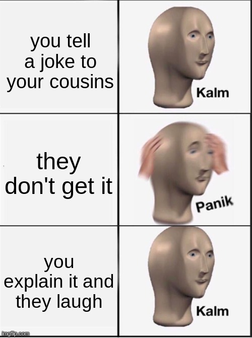 Image Title? | you tell a joke to your cousins; they don't get it; you explain it and they laugh | image tagged in kalm panik kalm,memes,funny | made w/ Imgflip meme maker
