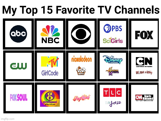 Brandon's Top 15 Favorite TV Channels | image tagged in cartoon network,mtv,nickelodeon,disney channel,deviantart,pbs | made w/ Imgflip meme maker