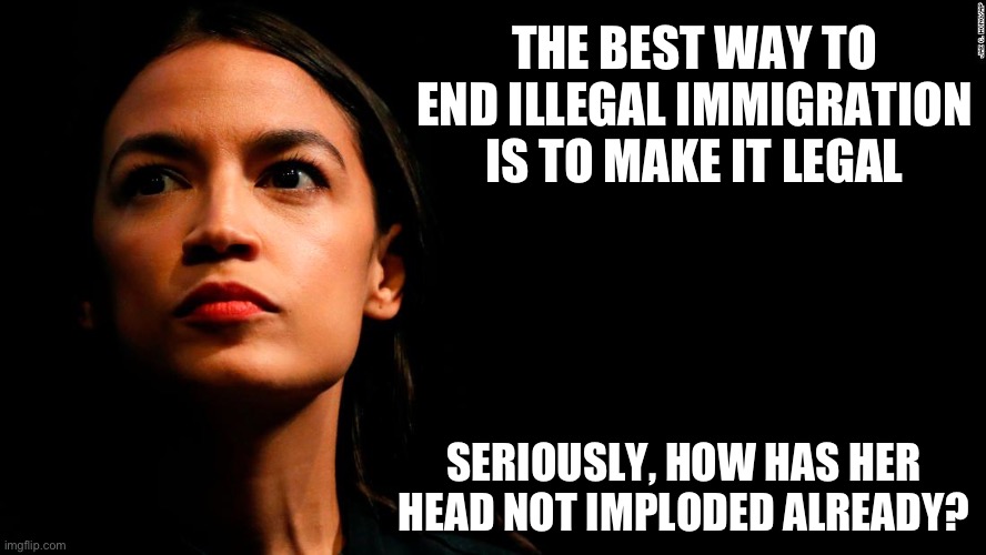 She gets heckled in her own district, but there are people who think she could be president. | THE BEST WAY TO END ILLEGAL IMMIGRATION IS TO MAKE IT LEGAL; SERIOUSLY, HOW HAS HER HEAD NOT IMPLODED ALREADY? | image tagged in ocasio-cortez super genius,political meme,illegal immigration,stupid liberals,government corruption,crazy aoc | made w/ Imgflip meme maker