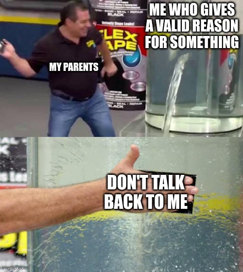 Ah, childhood. | ME WHO GIVES A VALID REASON FOR SOMETHING; MY PARENTS; DON'T TALK BACK TO ME | image tagged in flex tape | made w/ Imgflip meme maker