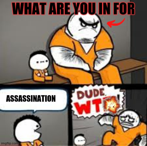Assassination | WHAT ARE YOU IN FOR; ASSASSINATION | image tagged in prison,memes,thezebra | made w/ Imgflip meme maker