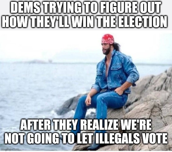 Deep thought savage | DEMS TRYING TO FIGURE OUT HOW THEY'LL WIN THE ELECTION; AFTER THEY REALIZE WE'RE NOT GOING TO LET ILLEGALS VOTE | image tagged in deep thought savage,funny memes | made w/ Imgflip meme maker