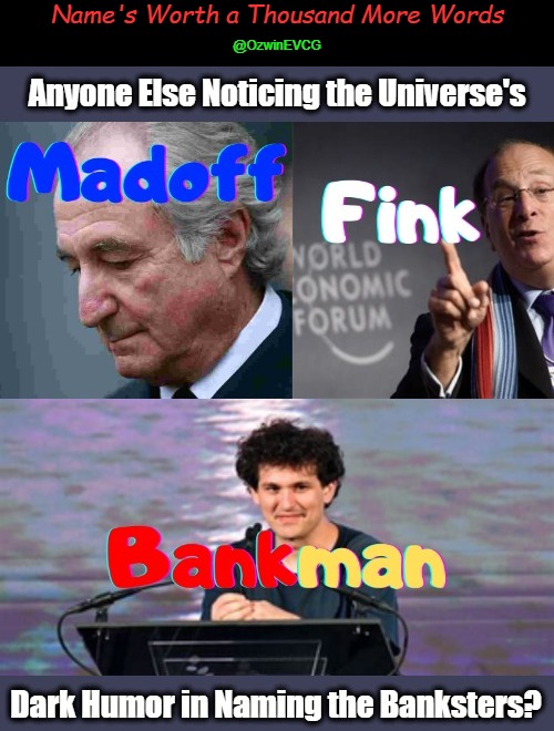 Name's Worth a Thousand More Words | Name's Worth a Thousand More Words; @OzwinEVCG | image tagged in banksters,fink,madoff,bankman,they're the same picture,truth stranger than fiction | made w/ Imgflip meme maker