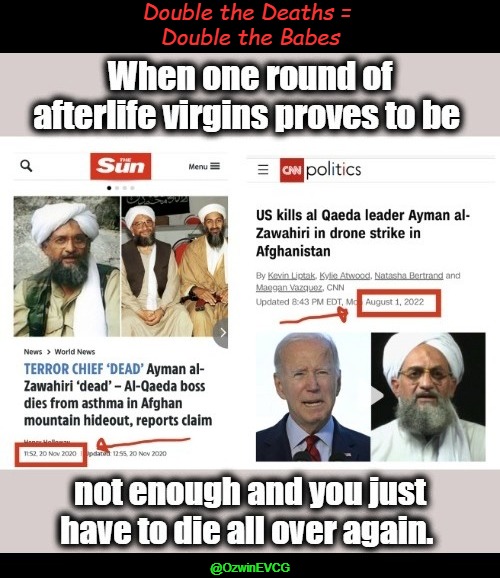 Double the Deaths = Double the Babes | Double the Deaths = 
Double the Babes; @OzwinEVCG | image tagged in war on errors,msm,war on terror,political comedy,islam,political commentary | made w/ Imgflip meme maker