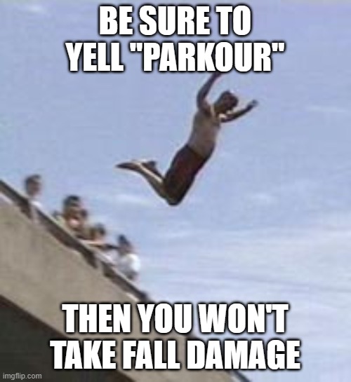 guy jumps off bridge | BE SURE TO YELL "PARKOUR" THEN YOU WON'T TAKE FALL DAMAGE | image tagged in guy jumps off bridge | made w/ Imgflip meme maker