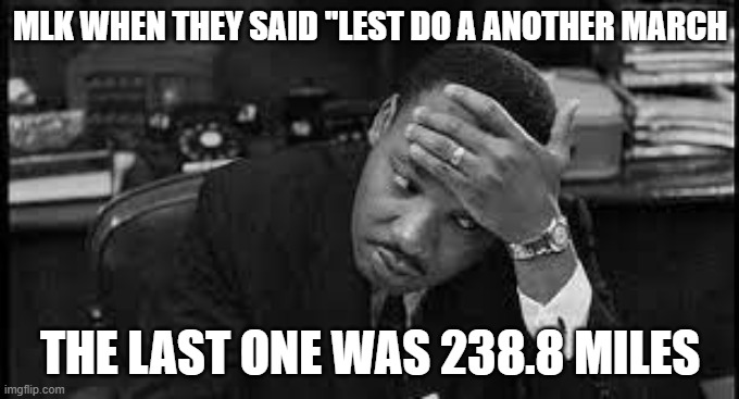 MLK meme | MLK WHEN THEY SAID ''LEST DO A ANOTHER MARCH; THE LAST ONE WAS 238.8 MILES | image tagged in mlk meme | made w/ Imgflip meme maker