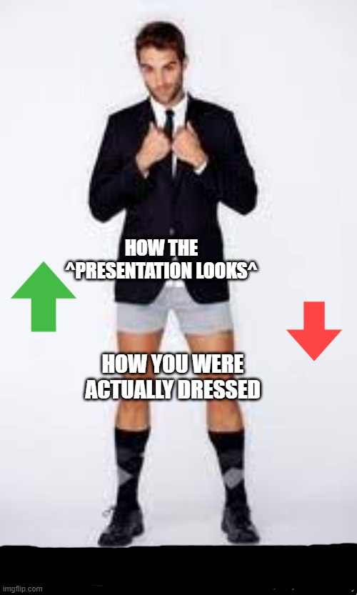 The Presentation | HOW THE ^PRESENTATION LOOKS^; HOW YOU WERE ACTUALLY DRESSED | image tagged in no pants,suit,funny memes | made w/ Imgflip meme maker