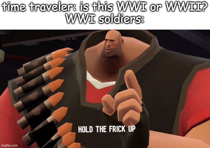 ITS GONNA HAPPEN AGAIN?!?!?!?!? | time traveler: is this WWI or WWII?
WWI soldiers: | image tagged in hold the frick up,world war 1,world war 2,time travel | made w/ Imgflip meme maker
