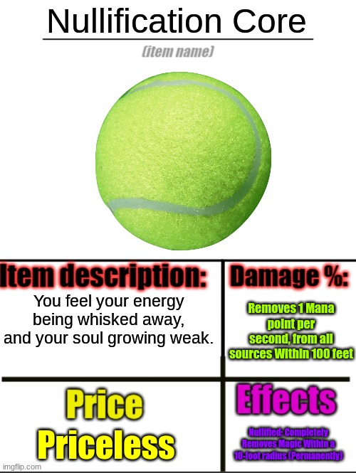 Item-shop extended | Nullification Core; You feel your energy being whisked away, and your soul growing weak. Removes 1 Mana point per second, from all sources Within 100 feet; Priceless; Nullified: Completely Removes Magic Within a 10-foot radius (Permanently) | image tagged in item-shop extended | made w/ Imgflip meme maker