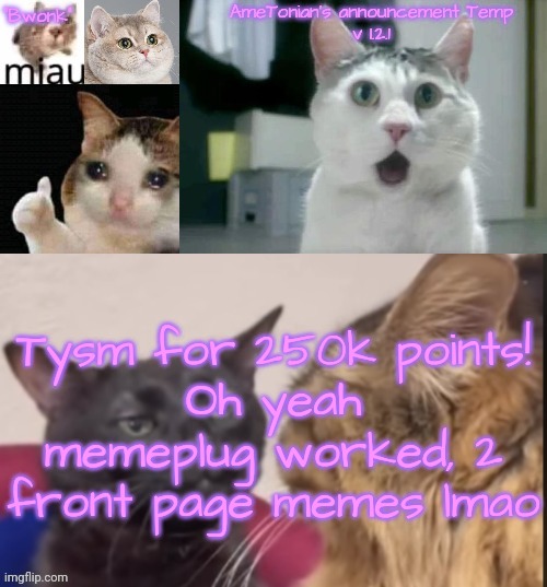 AmeTonian's announcement Temp v 1.2.1 | Tysm for 250k points!
Oh yeah memeplug worked, 2 front page memes lmao | image tagged in ametonian's announcement temp v 1 2 1 | made w/ Imgflip meme maker