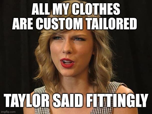 Taylor said fittingly | ALL MY CLOTHES ARE CUSTOM TAILORED; TAYLOR SAID FITTINGLY | image tagged in taylor swiftie | made w/ Imgflip meme maker