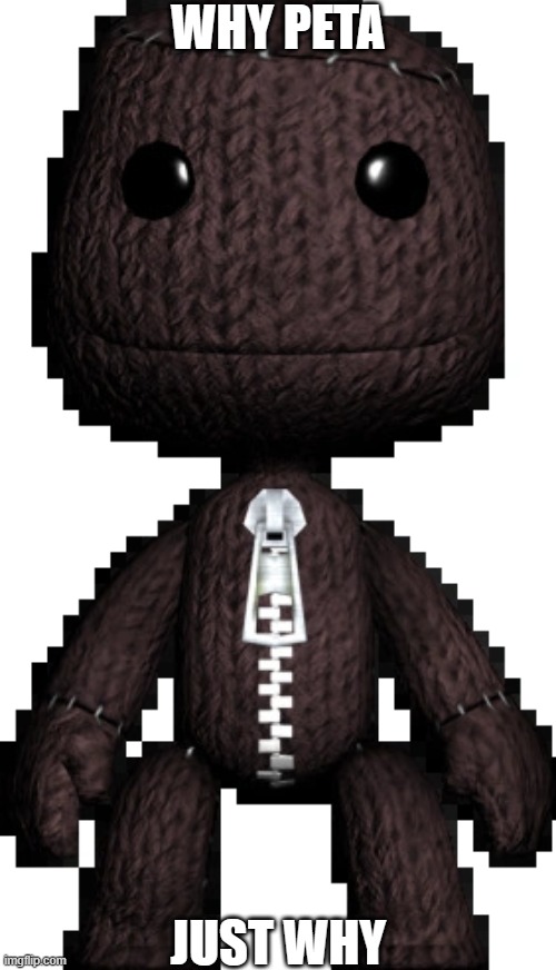 Forward Facing Sackboy | WHY PETA JUST WHY | image tagged in forward facing sackboy | made w/ Imgflip meme maker