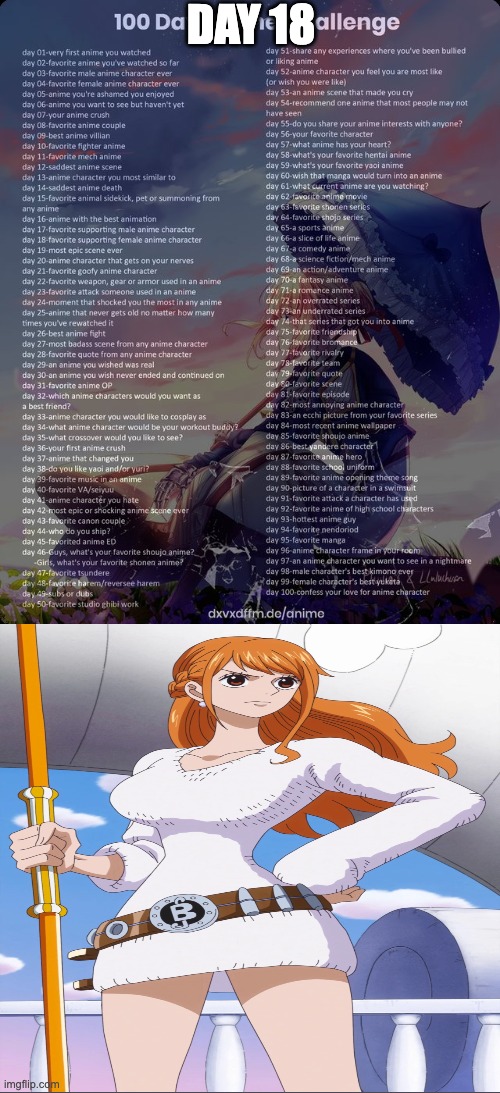 Day 18: Nami (One Piece) | DAY 18 | image tagged in 100 day anime challenge | made w/ Imgflip meme maker