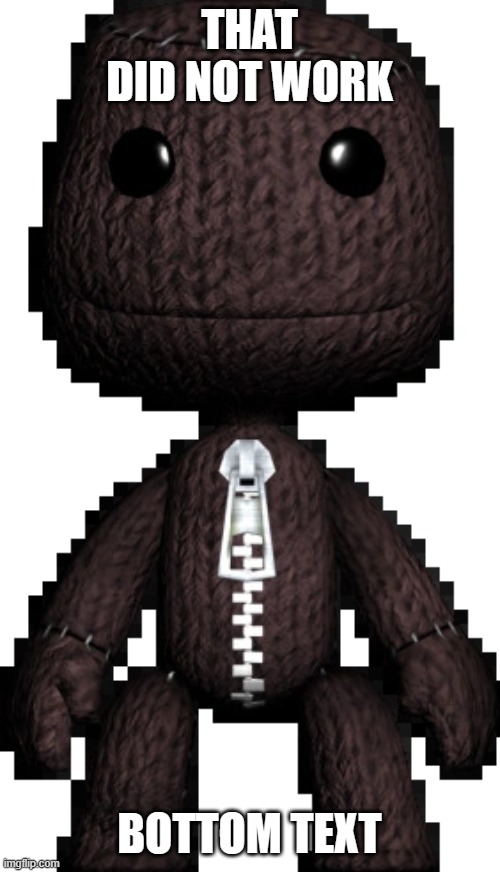 Forward Facing Sackboy | THAT DID NOT WORK BOTTOM TEXT | image tagged in forward facing sackboy | made w/ Imgflip meme maker