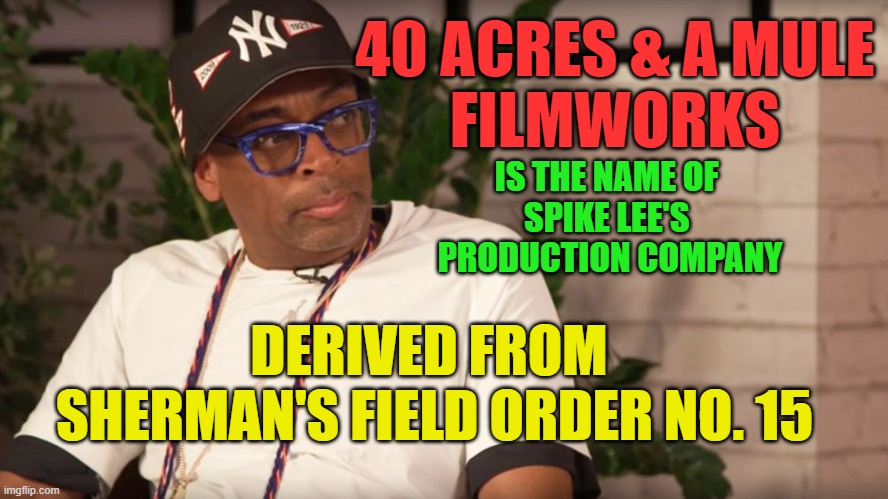 Spike Lee | 40 ACRES & A MULE
FILMWORKS IS THE NAME OF 
SPIKE LEE'S 
PRODUCTION COMPANY DERIVED FROM 
SHERMAN'S FIELD ORDER NO. 15 | image tagged in spike lee | made w/ Imgflip meme maker