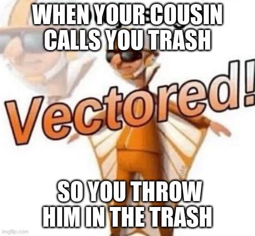 You just got vectored | WHEN YOUR COUSIN CALLS YOU TRASH; SO YOU THROW HIM IN THE TRASH | image tagged in you just got vectored | made w/ Imgflip meme maker
