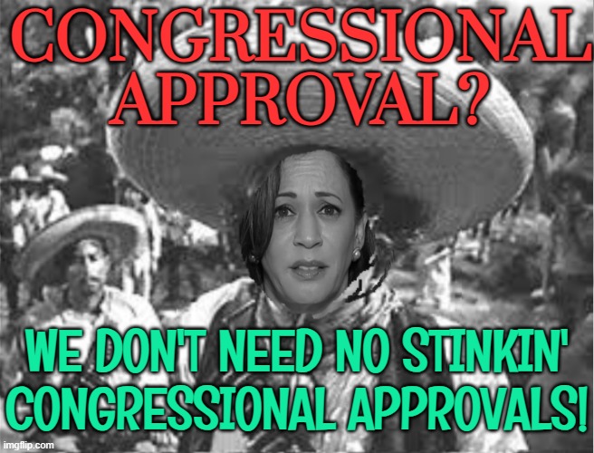 Congressional approvals? We don't need no stinking  approvals! | CONGRESSIONAL APPROVAL? WE DON'T NEED NO STINKIN' CONGRESSIONAL APPROVALS! | image tagged in we don't need no stinking badges,president_joe_biden,kamala harris,creepy joe biden,world war 3,middle east | made w/ Imgflip meme maker