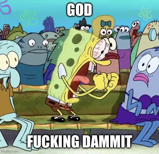 Spongebob Yelling | GOD FUCKING DAMMIT | image tagged in spongebob yelling | made w/ Imgflip meme maker