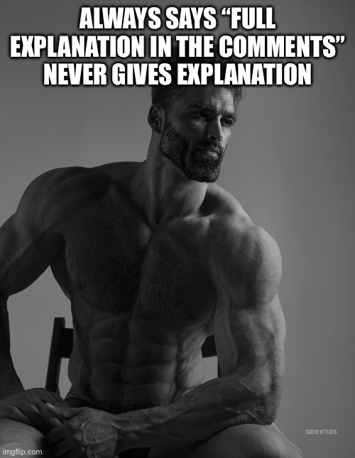 Giga Chad | ALWAYS SAYS “FULL EXPLANATION IN THE COMMENTS” NEVER GIVES EXPLANATION | image tagged in giga chad | made w/ Imgflip meme maker