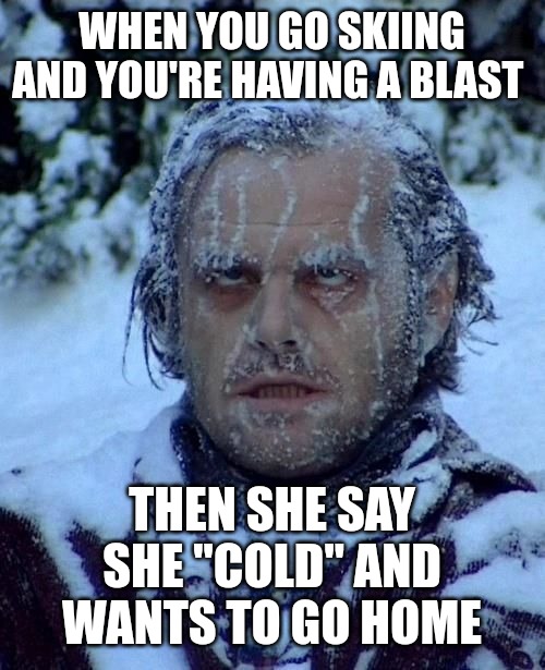 WHEN YOU GO SKIING AND YOU'RE HAVING A BLAST; THEN SHE SAY SHE "COLD" AND WANTS TO GO HOME | made w/ Imgflip meme maker