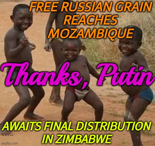 Thanks, Putin | FREE RUSSIAN GRAIN
REACHES
MOZAMBIQUE; Thanks, Putin; AWAITS FINAL DISTRIBUTION
IN ZIMBABWE | image tagged in african kids dancing,good guy putin,vladimir putin,putin,russia,africa | made w/ Imgflip meme maker