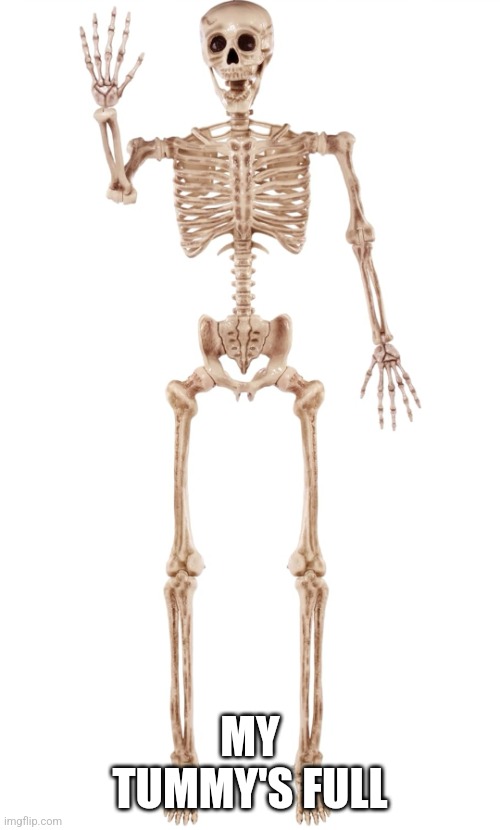Trying to get my son to eat | MY TUMMY'S FULL | image tagged in skeleton | made w/ Imgflip meme maker