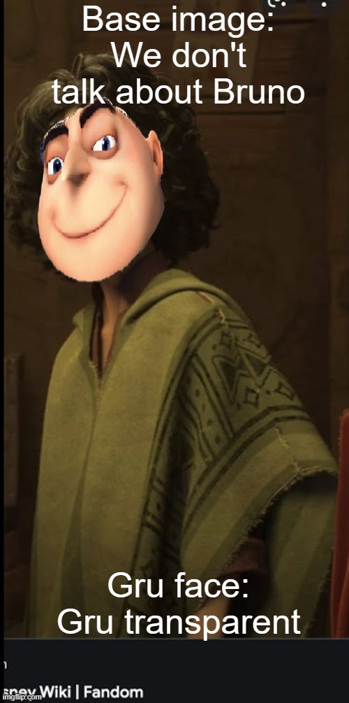 We don't talk about Bruno | Base image: We don't talk about Bruno Gru face: Gru transparent | image tagged in we don't talk about bruno | made w/ Imgflip meme maker