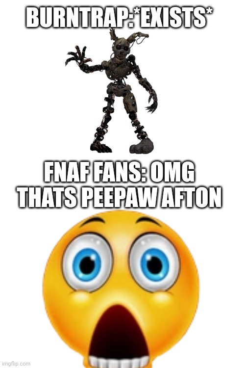 FNAF memes to cure your boredom. | BURNTRAP:*EXISTS*; FNAF FANS: OMG THATS PEEPAW AFTON | image tagged in fnaf,memes | made w/ Imgflip meme maker
