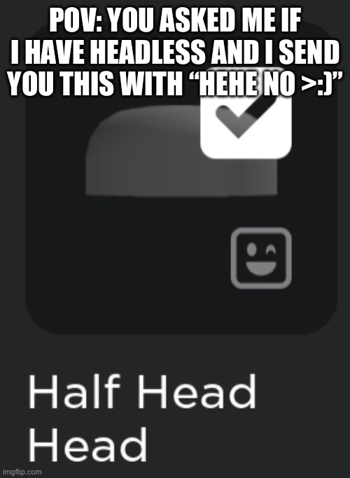 Half head headless troll (idk tbh what to call this) | POV: YOU ASKED ME IF I HAVE HEADLESS AND I SEND YOU THIS WITH “HEHE NO >:)” | image tagged in half head headless troll idk tbh what to call this | made w/ Imgflip meme maker