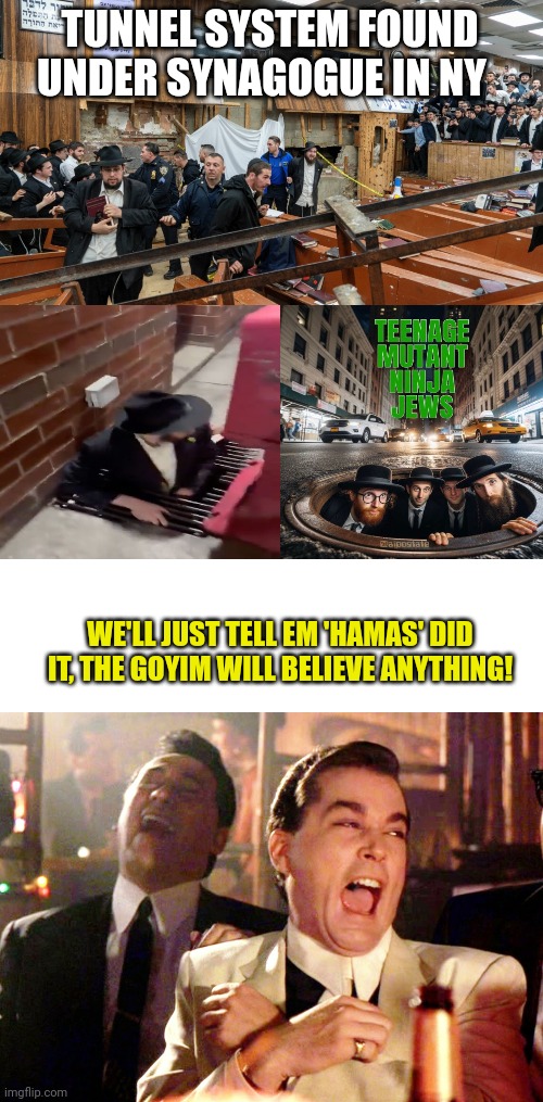 Sin-agog | TUNNEL SYSTEM FOUND UNDER SYNAGOGUE IN NY; WE'LL JUST TELL EM 'HAMAS' DID IT, THE GOYIM WILL BELIEVE ANYTHING! | image tagged in blank white template,memes,good fellas hilarious,hamas tunnels were created by | made w/ Imgflip meme maker