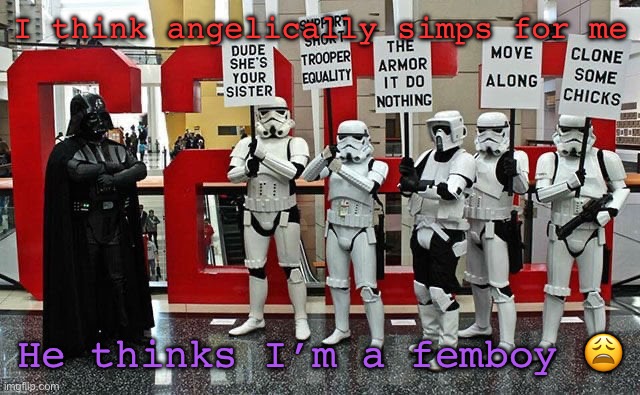 Help (I hope he’s joking) | I think angelically simps for me; He thinks I’m a femboy 😩 | image tagged in stormtrooper protest | made w/ Imgflip meme maker