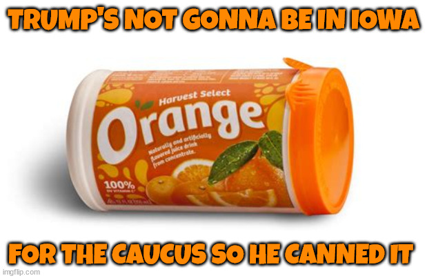 Frozen Trump | TRUMP'S NOT GONNA BE IN IOWA; FOR THE CAUCUS SO HE CANNED IT | image tagged in trump canned iowa,maga,big loser,buy the farm liar,soiux falls iowa,suckers and losers | made w/ Imgflip meme maker