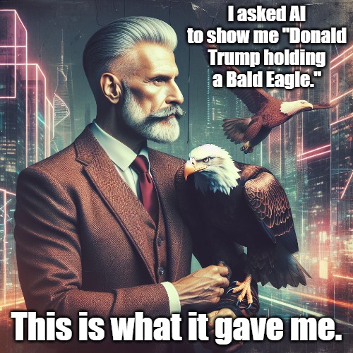 I don't know. I'm not seeing the likeness. | I asked AI to show me "Donald Trump holding a Bald Eagle."; This is what it gave me. | image tagged in donald trump,bald eagle,america | made w/ Imgflip meme maker