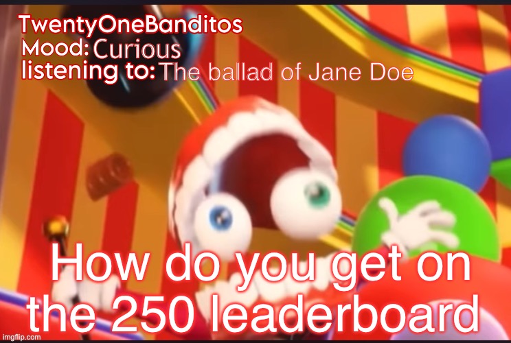 Caine t1b Ann temp | Curious; The ballad of Jane Doe; How do you get on the 250 leaderboard | image tagged in caine t1b ann temp | made w/ Imgflip meme maker