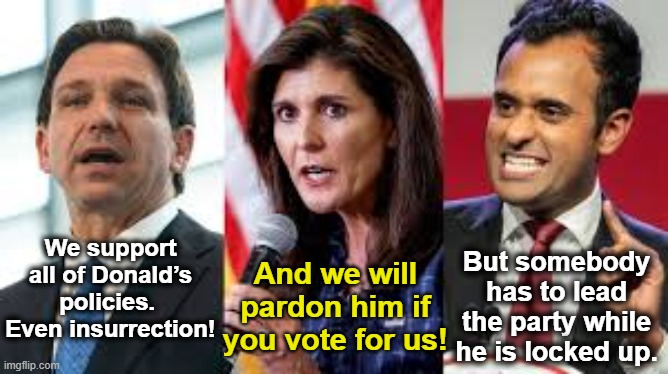 GOP Candidates 2024 | But somebody has to lead the party while he is locked up. We support all of Donald’s policies.  Even insurrection! And we will pardon him if you vote for us! | image tagged in gop,maga,right wing,republicans,clown car republicans,donald trump approves | made w/ Imgflip meme maker