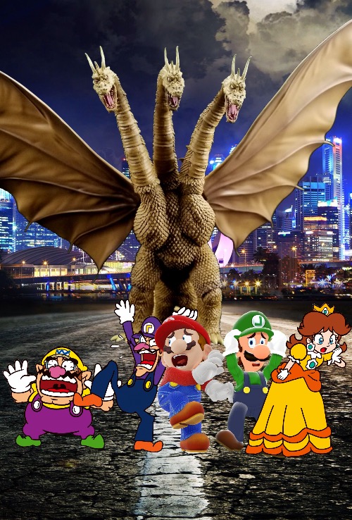 Wario and Friends dies by King Ghidorah during a Big city trip | image tagged in city background,wario dies,super mario bros,godzilla,crossover | made w/ Imgflip meme maker