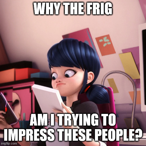 I couldn't tell you either, Marinette | WHY THE FRIG; AM I TRYING TO IMPRESS THESE PEOPLE? | image tagged in confused marinette | made w/ Imgflip meme maker