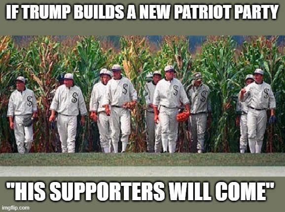 Whispers of a new Party!! | IF TRUMP BUILDS A NEW PATRIOT PARTY; "HIS SUPPORTERS WILL COME" | image tagged in field of dreams,party,republican,patriot,trump supporters | made w/ Imgflip meme maker