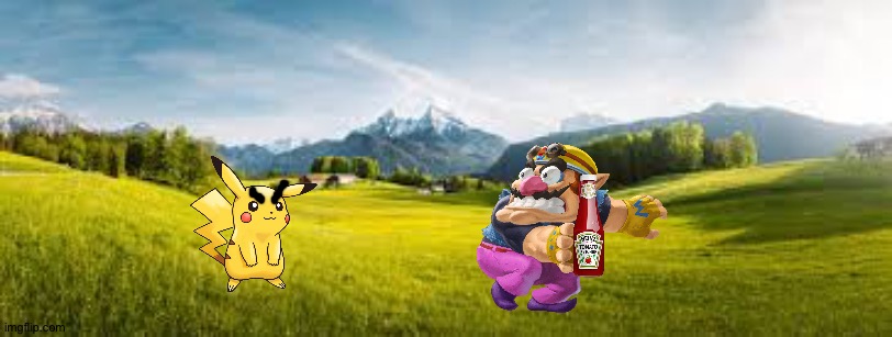 Wario dies by stealing Pikachu's ketchup | image tagged in meadow landscape,wario dies,pokemon | made w/ Imgflip meme maker