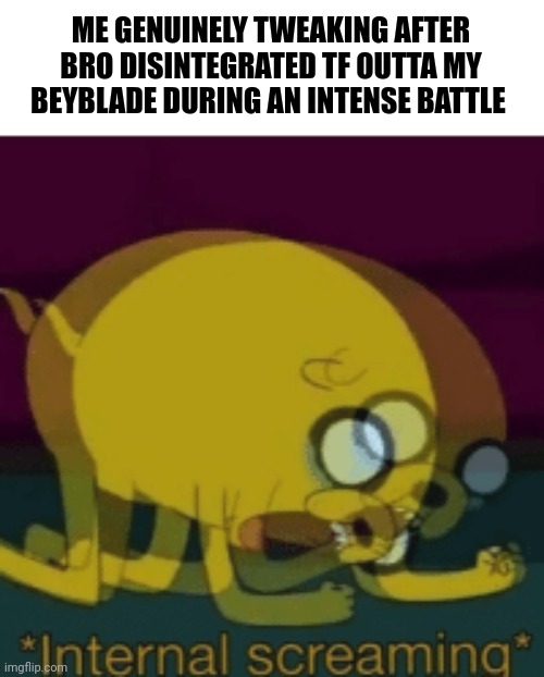 Beyblade was serious | ME GENUINELY TWEAKING AFTER BRO DISINTEGRATED TF OUTTA MY BEYBLADE DURING AN INTENSE BATTLE | image tagged in jake the dog internal screaming,beyblade | made w/ Imgflip meme maker