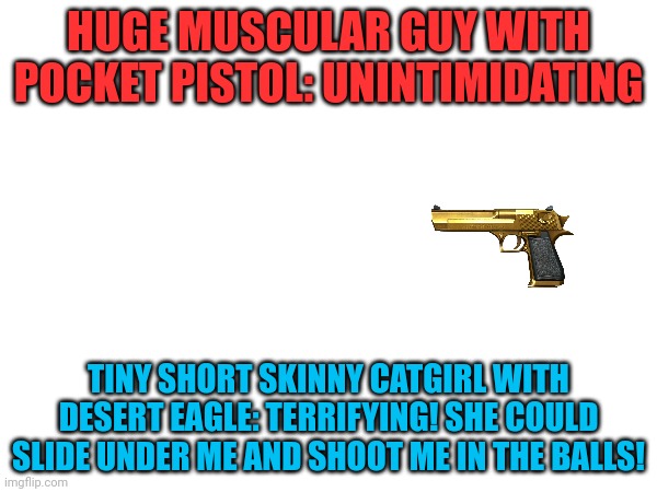 Seriously tho, I might need 'em | HUGE MUSCULAR GUY WITH POCKET PISTOL: UNINTIMIDATING; TINY SHORT SKINNY CATGIRL WITH DESERT EAGLE: TERRIFYING! SHE COULD SLIDE UNDER ME AND SHOOT ME IN THE BALLS! | image tagged in memes,scary,guns | made w/ Imgflip meme maker