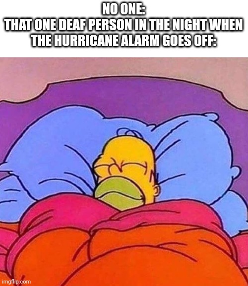 They would've survived if they did an all nighter | NO ONE:
THAT ONE DEAF PERSON IN THE NIGHT WHEN THE HURRICANE ALARM GOES OFF: | image tagged in homer simpson sleeping peacefully | made w/ Imgflip meme maker