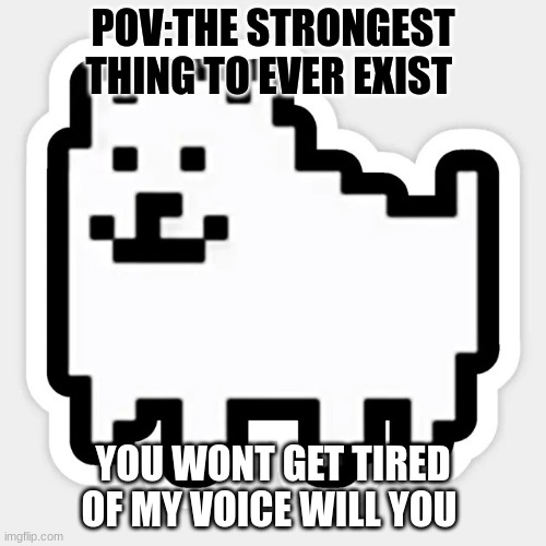 find the reference (hint its obvious | POV:THE STRONGEST THING TO EVER EXIST; YOU WONT GET TIRED OF MY VOICE WILL YOU | image tagged in annoying dog | made w/ Imgflip meme maker