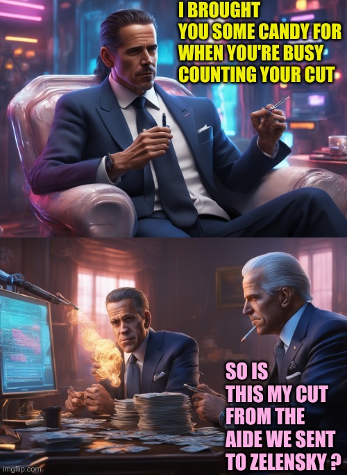 Joe counts his cut of the aide | I BROUGHT YOU SOME CANDY FOR WHEN YOU'RE BUSY COUNTING YOUR CUT; SO IS THIS MY CUT FROM THE AIDE WE SENT TO ZELENSKY ? | made w/ Imgflip meme maker